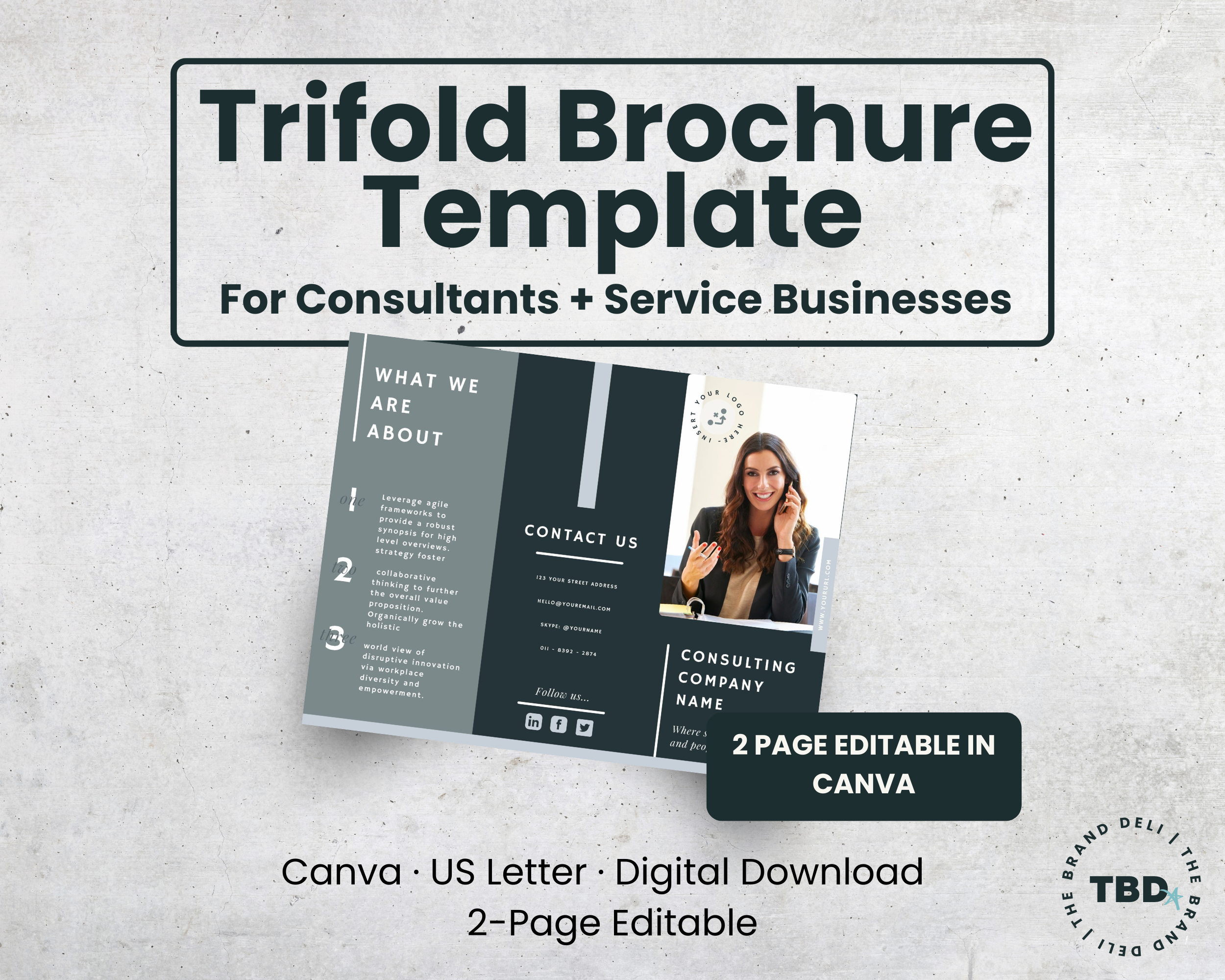 Modern Trifold Brochure Canva Template for Consultants | Blue + Grey